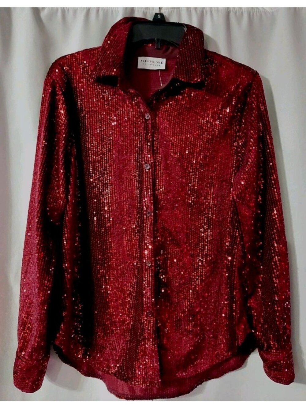 First Love By Lovelyn Women's Shirt Size Small Red Burgundy Sequined Button NWOT